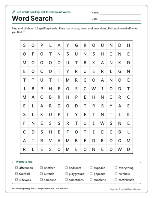 3rd Grade Spelling, Set 4: Compound words: word search preview