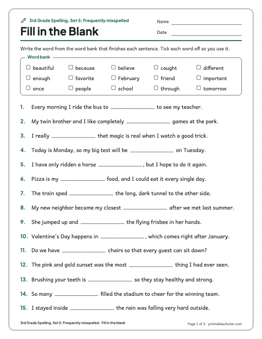 3rd Grade Spelling, Set 5: Frequently misspelled: fill in the blank preview