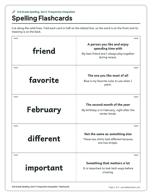 3rd Grade Spelling, Set 5: Frequently misspelled: flashcards preview