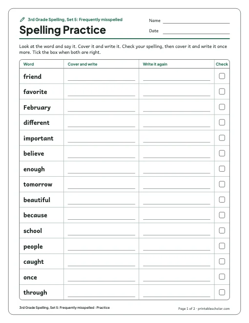 3rd Grade Spelling, Set 5: Frequently misspelled: practice and test preview