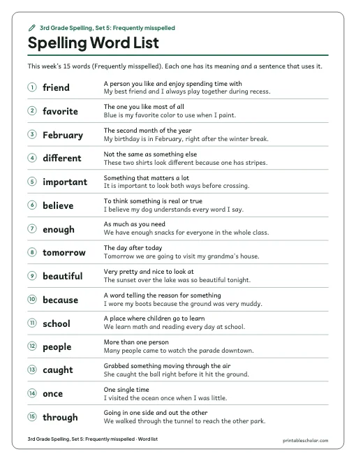 3rd Grade Spelling, Set 5: Frequently misspelled: word list preview