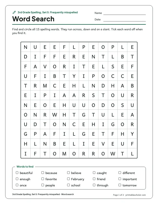 3rd Grade Spelling, Set 5: Frequently misspelled: word search preview