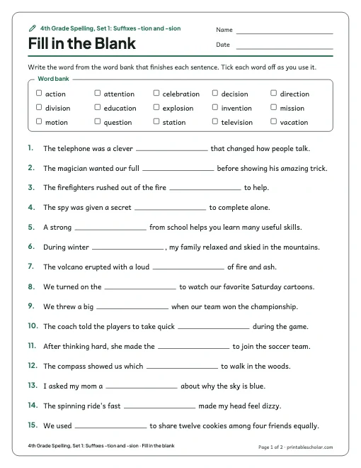 4th Grade Spelling, Set 1: Suffixes -tion and -sion: fill in the blank preview