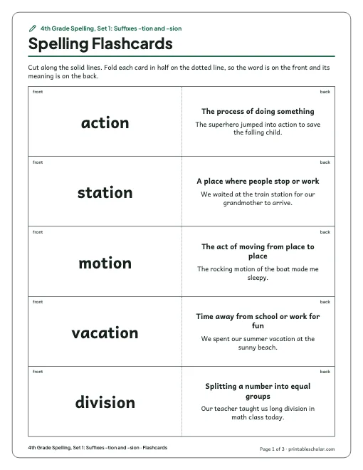4th Grade Spelling, Set 1: Suffixes -tion and -sion: flashcards preview