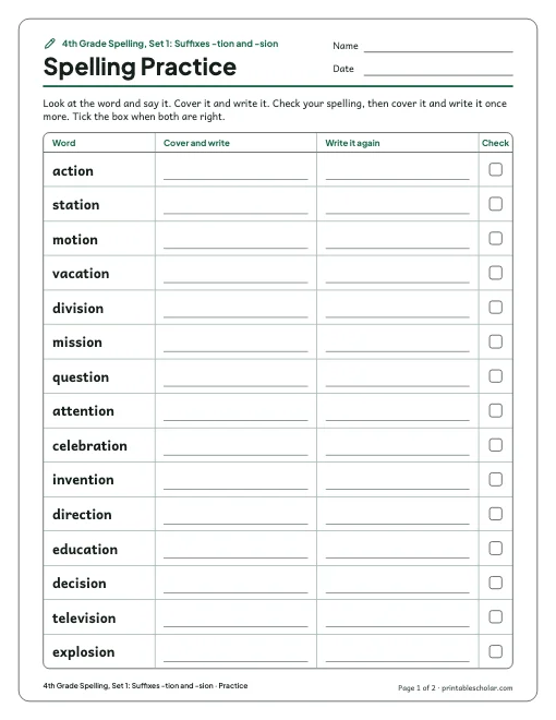 4th Grade Spelling, Set 1: Suffixes -tion and -sion: practice and test preview