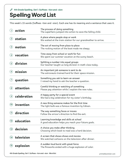 4th Grade Spelling, Set 1: Suffixes -tion and -sion: word list preview