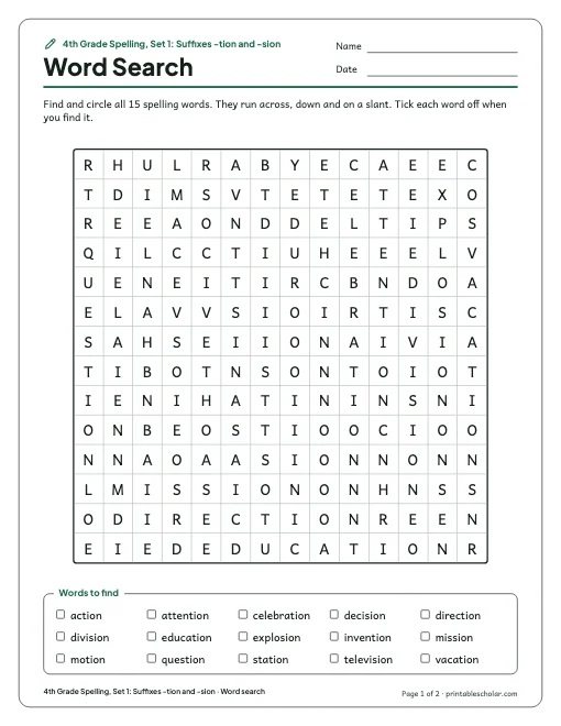 4th Grade Spelling, Set 1: Suffixes -tion and -sion: word search preview