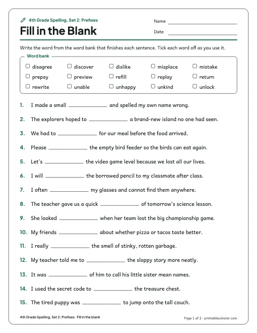 4th Grade Spelling, Set 2: Prefixes: fill in the blank preview