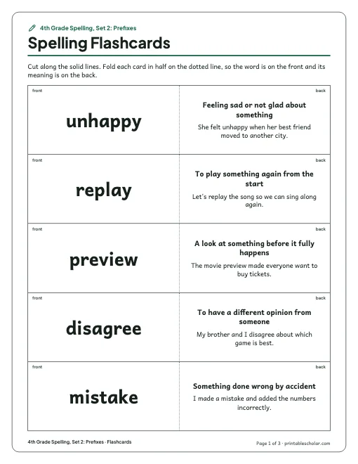 4th Grade Spelling, Set 2: Prefixes: flashcards preview