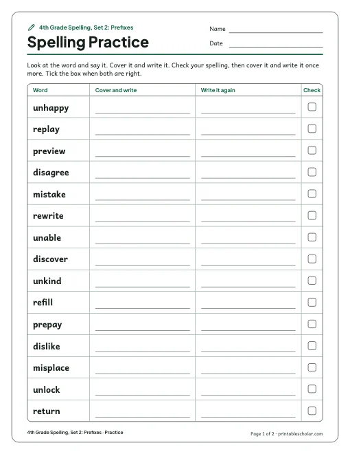 4th Grade Spelling, Set 2: Prefixes: practice and test preview