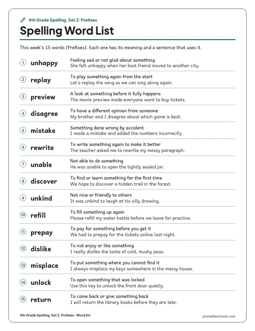4th Grade Spelling, Set 2: Prefixes: word list preview