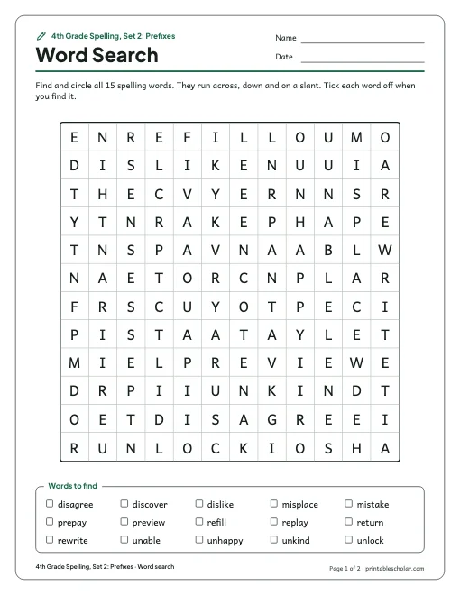 4th Grade Spelling, Set 2: Prefixes: word search preview