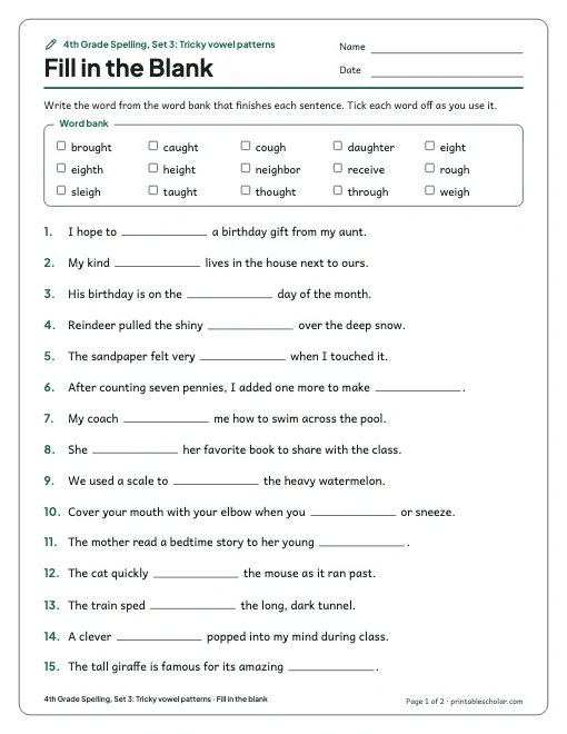 4th Grade Spelling, Set 3: Tricky vowel patterns: fill in the blank preview