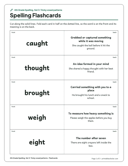 4th Grade Spelling, Set 3: Tricky vowel patterns: flashcards preview
