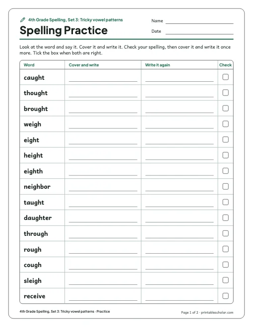 4th Grade Spelling, Set 3: Tricky vowel patterns: practice and test preview