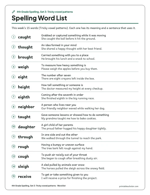4th Grade Spelling, Set 3: Tricky vowel patterns: word list preview