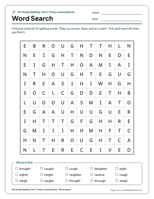 4th Grade Spelling, Set 3: Tricky vowel patterns: word search preview