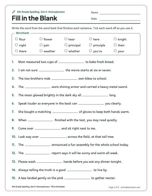 4th Grade Spelling, Set 4: Homophones: fill in the blank preview