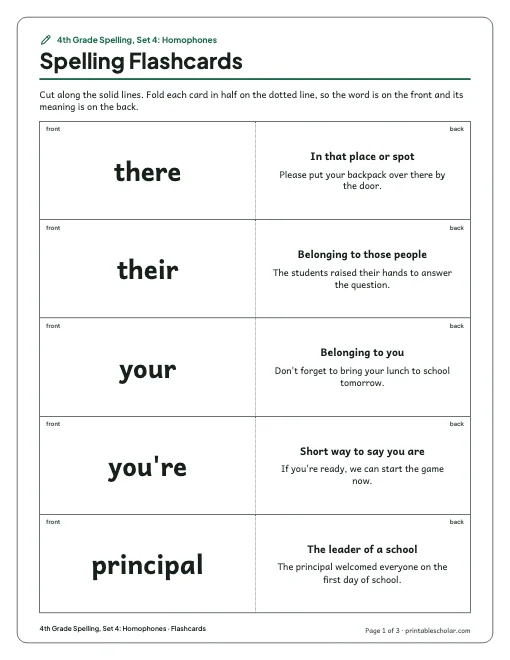4th Grade Spelling, Set 4: Homophones: flashcards preview