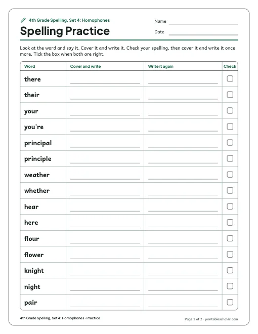4th Grade Spelling, Set 4: Homophones: practice and test preview