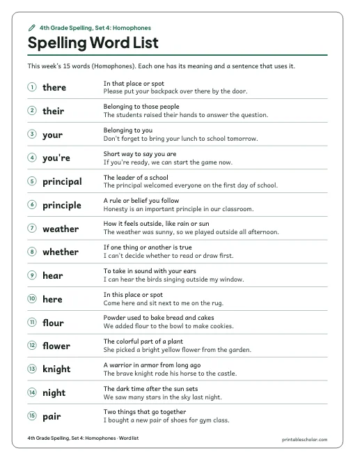 4th Grade Spelling, Set 4: Homophones: word list preview