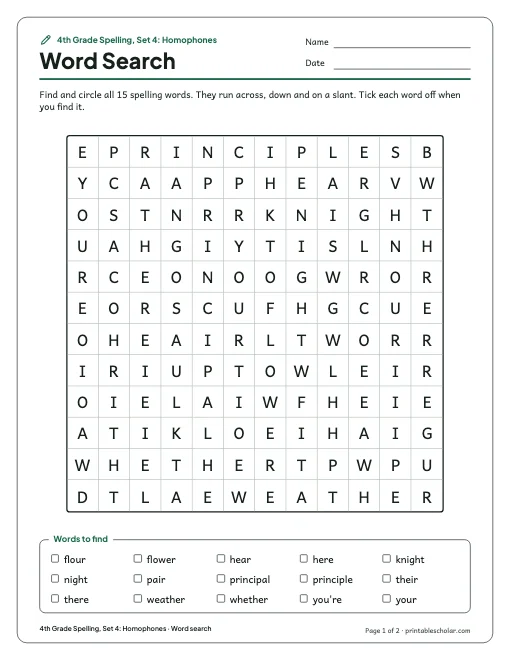 4th Grade Spelling, Set 4: Homophones: word search preview