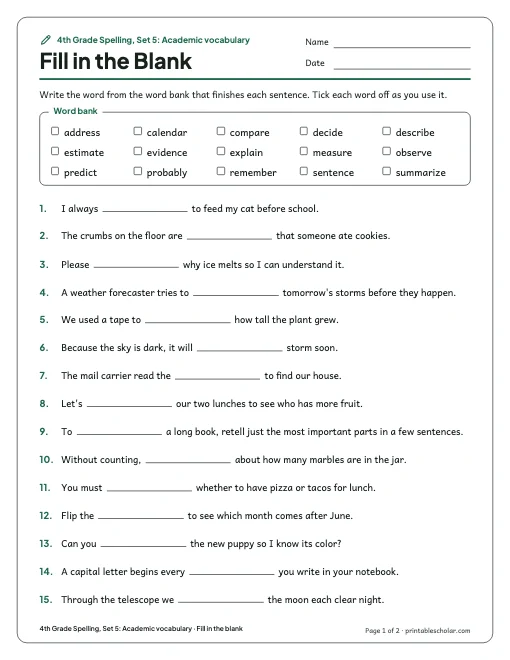 4th Grade Spelling, Set 5: Academic vocabulary: fill in the blank preview