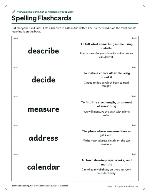 4th Grade Spelling, Set 5: Academic vocabulary: flashcards preview