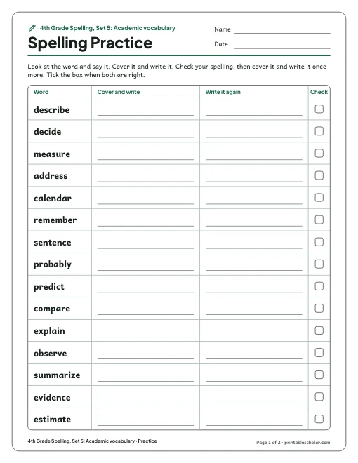 4th Grade Spelling, Set 5: Academic vocabulary: practice and test preview