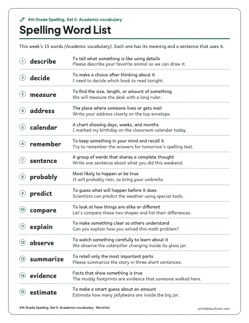 4th Grade Spelling, Set 5: Academic vocabulary: word list preview