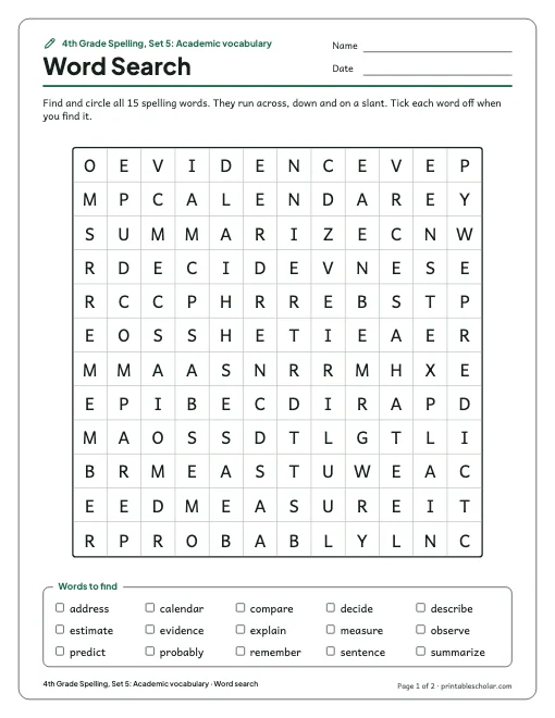 4th Grade Spelling, Set 5: Academic vocabulary: word search preview