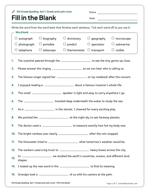 5th Grade Spelling, Set 1: Greek and Latin roots: fill in the blank preview