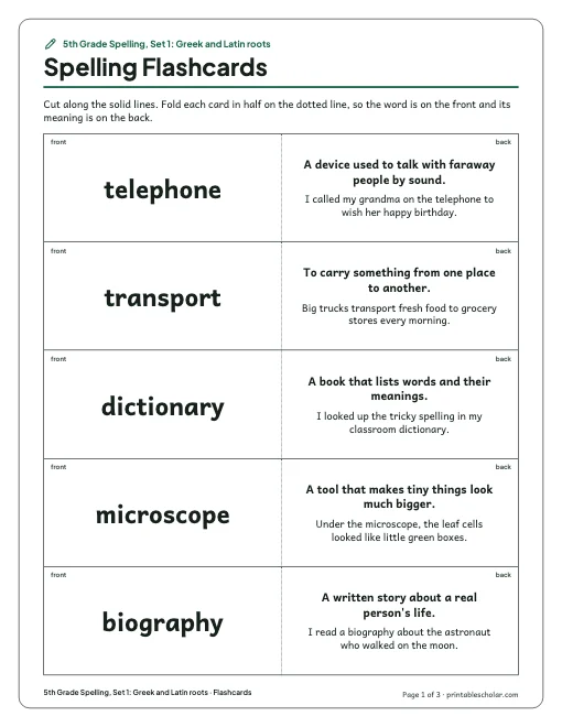 5th Grade Spelling, Set 1: Greek and Latin roots: flashcards preview