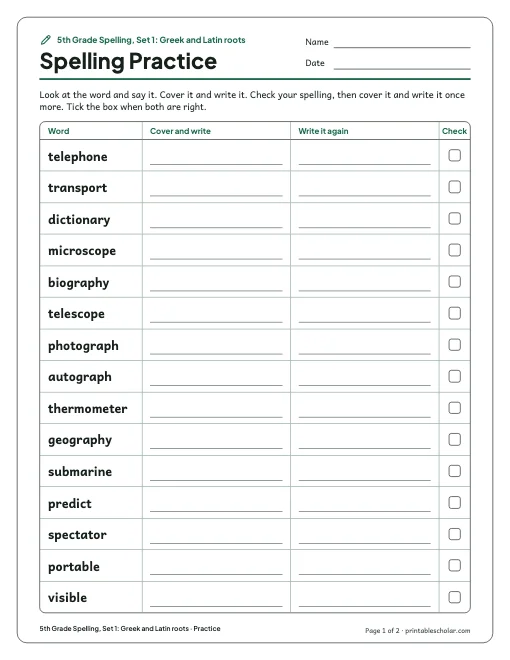 5th Grade Spelling, Set 1: Greek and Latin roots: practice and test preview