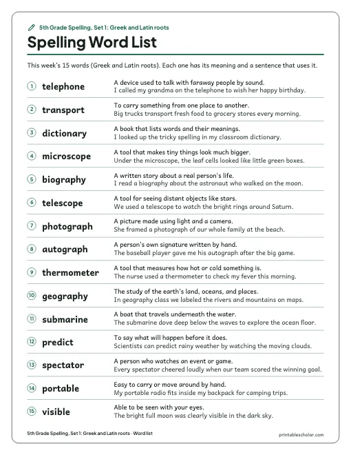 5th Grade Spelling, Set 1: Greek and Latin roots: word list preview