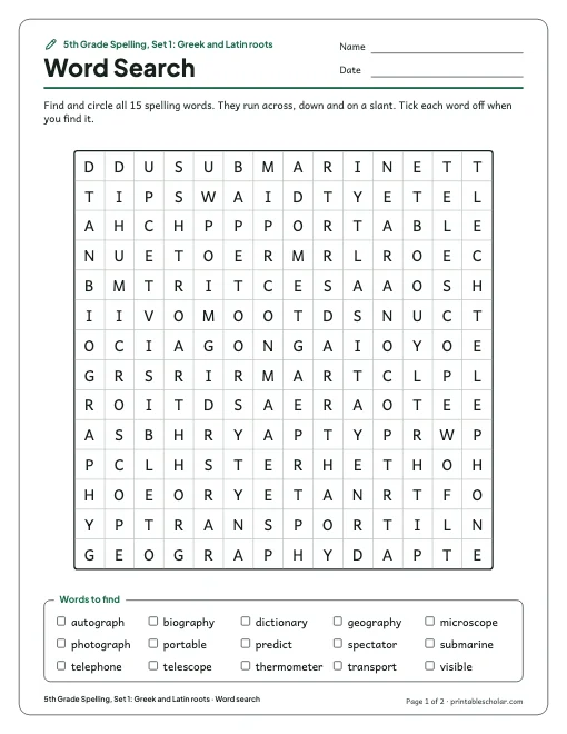 5th Grade Spelling, Set 1: Greek and Latin roots: word search preview