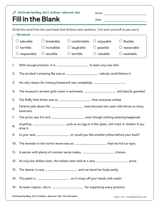 5th Grade Spelling, Set 2: Suffixes -able and -ible: fill in the blank preview