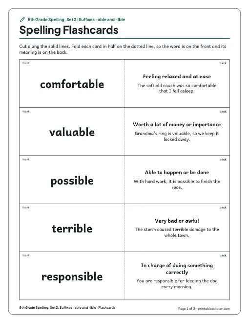 5th Grade Spelling, Set 2: Suffixes -able and -ible: flashcards preview