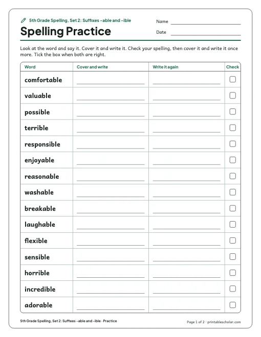 5th Grade Spelling, Set 2: Suffixes -able and -ible: practice and test preview