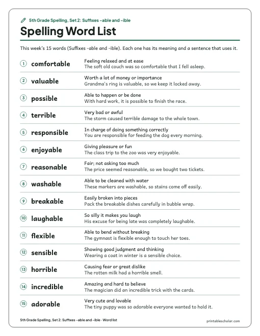 5th Grade Spelling, Set 2: Suffixes -able and -ible: word list preview