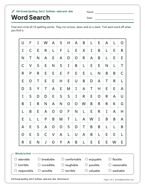 5th Grade Spelling, Set 2: Suffixes -able and -ible: word search preview