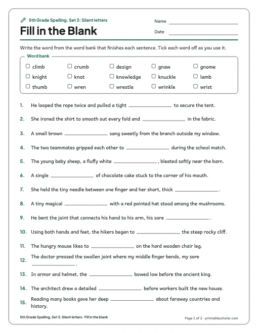 5th Grade Spelling, Set 3: Silent letters: fill in the blank preview