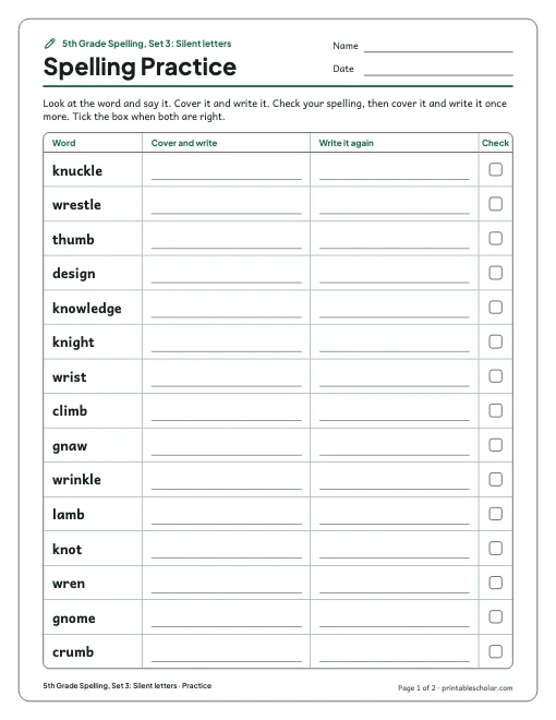 5th Grade Spelling, Set 3: Silent letters: practice and test preview