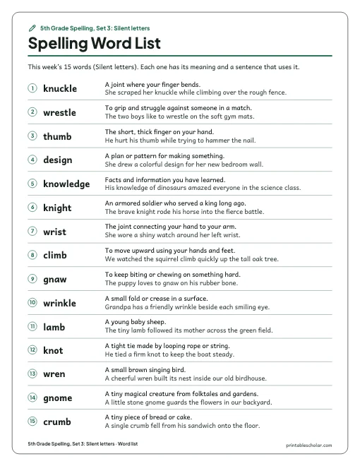 5th Grade Spelling, Set 3: Silent letters: word list preview