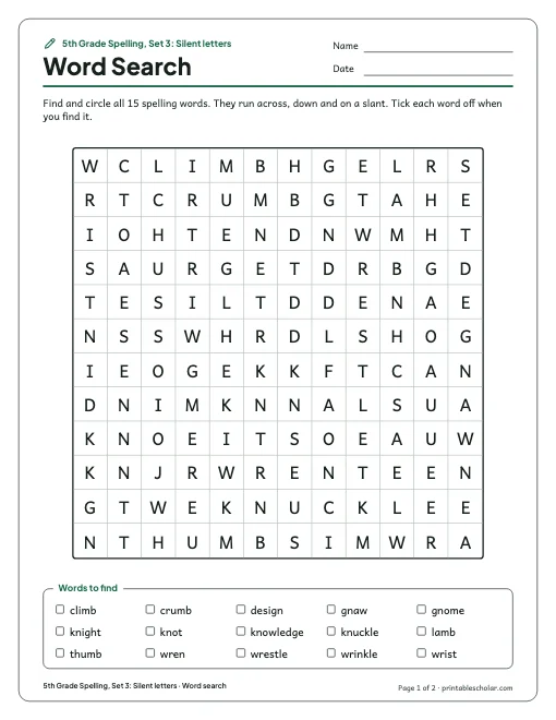 5th Grade Spelling, Set 3: Silent letters: word search preview