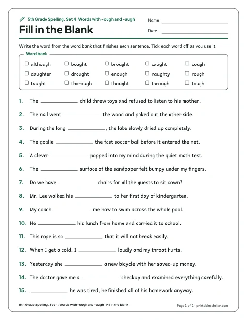 5th Grade Spelling, Set 4: Words with -ough and -augh: fill in the blank preview