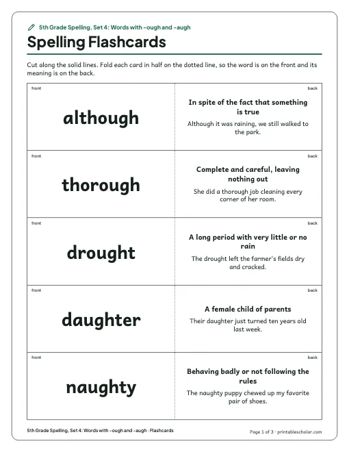 5th Grade Spelling, Set 4: Words with -ough and -augh: flashcards preview
