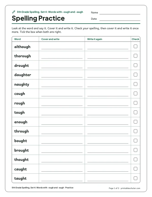 5th Grade Spelling, Set 4: Words with -ough and -augh: practice and test preview