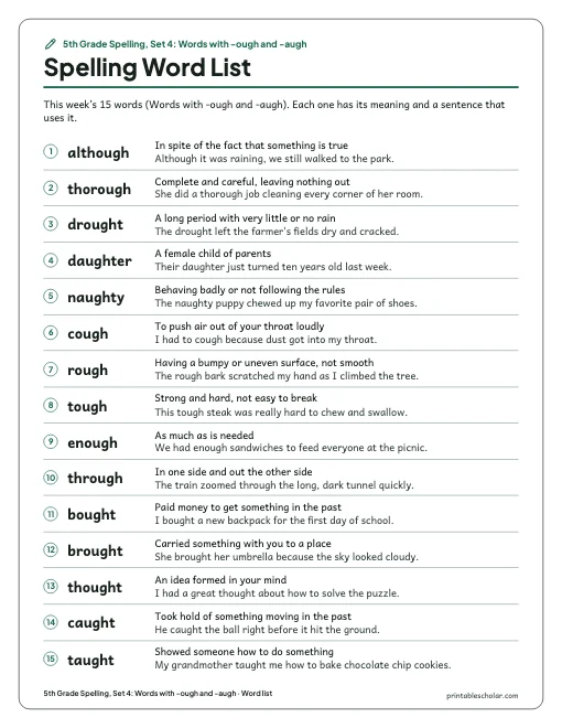 5th Grade Spelling, Set 4: Words with -ough and -augh: word list preview