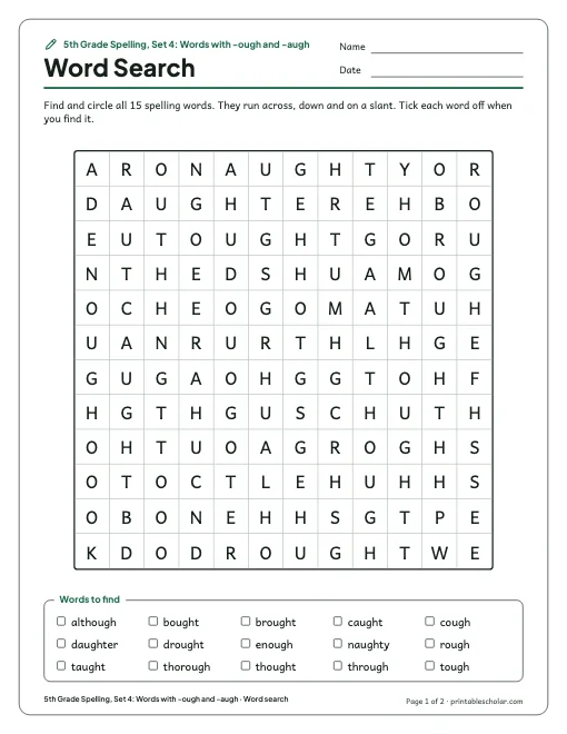 5th Grade Spelling, Set 4: Words with -ough and -augh: word search preview